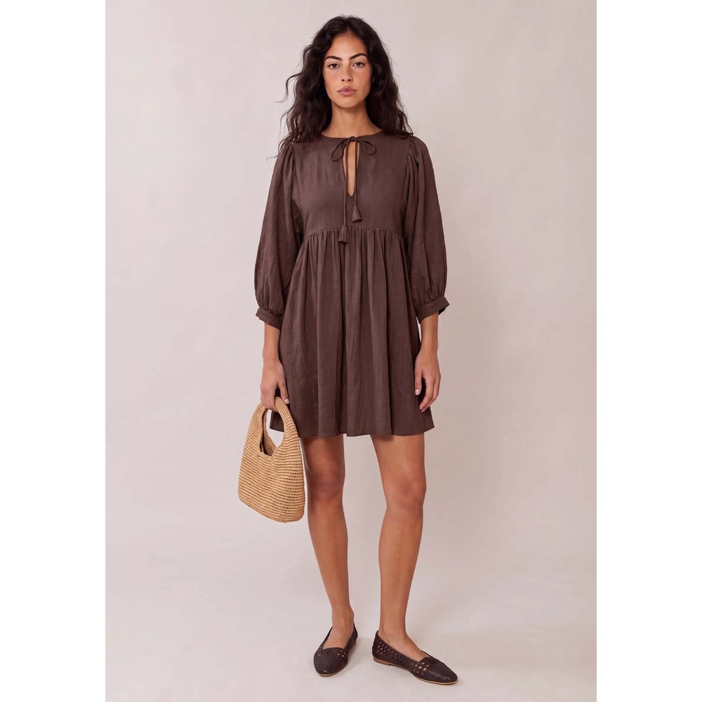 NWT CAARA Kylen Babydoll Cotton Mini Dress in Brown - Size Small